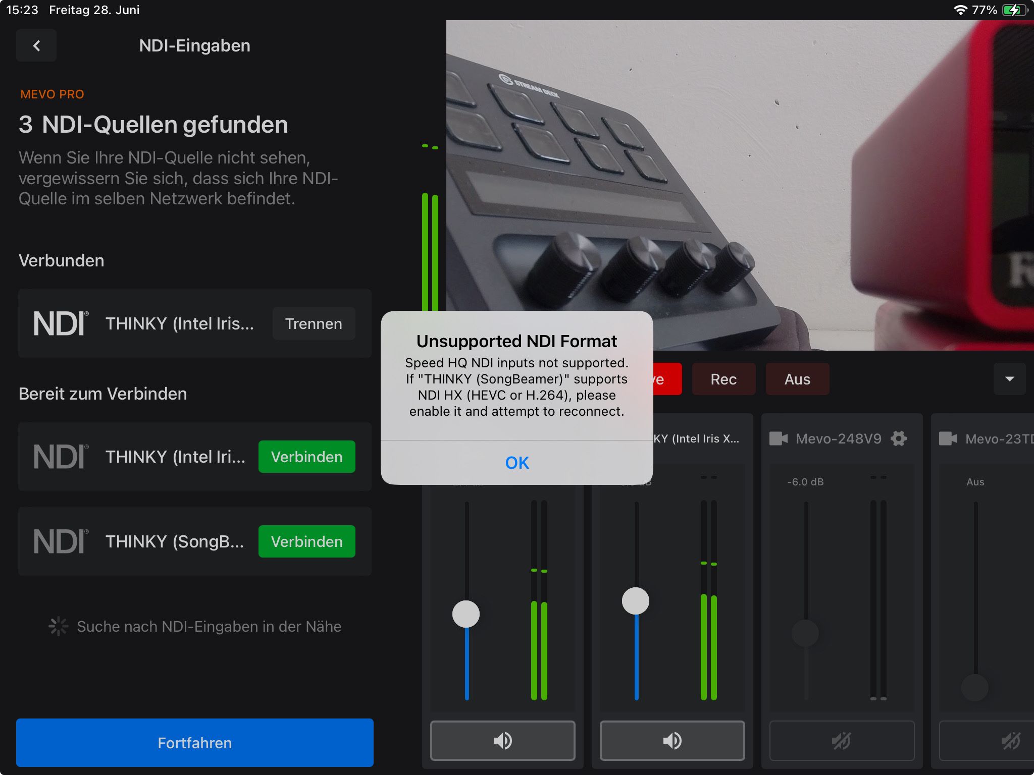 Fehlermeldung in der iPad App Mevo Multiscreen